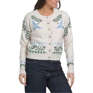NWT Cynthia Rowley Embroidered Bird Palm Cardigan Buttoned Crew Neck XS